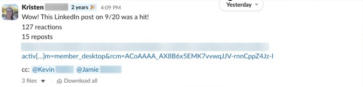 Screenshot: Team Slack: “This post was a hit!”
