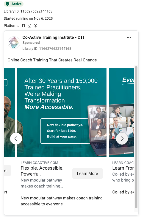 Co-Active Training Institute original ad screenshot: Flexible, accessible training