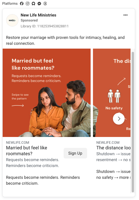 New Life Ministries original ad screenshot: Married but feel like roommates?
