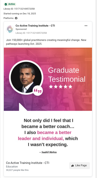 Co-Active Training Institute original ad screenshot: Graduate testimonial
