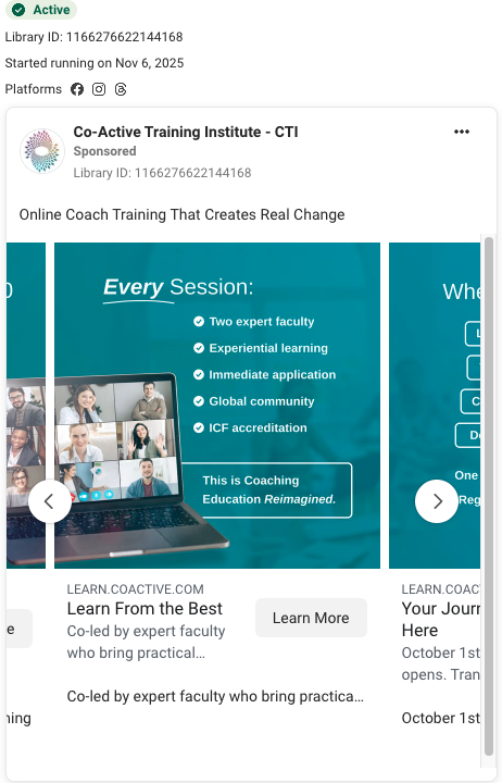 Co-Active Training Institute original ad screenshot: Every session