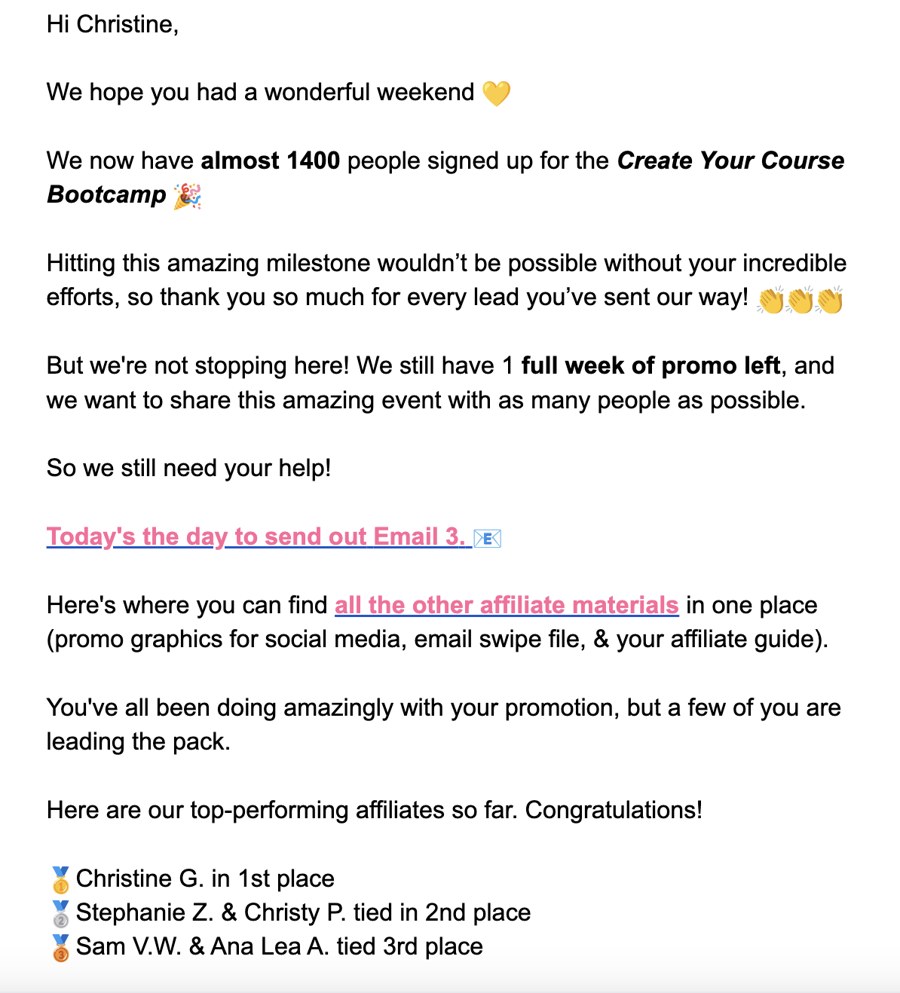 Affiliate sales results