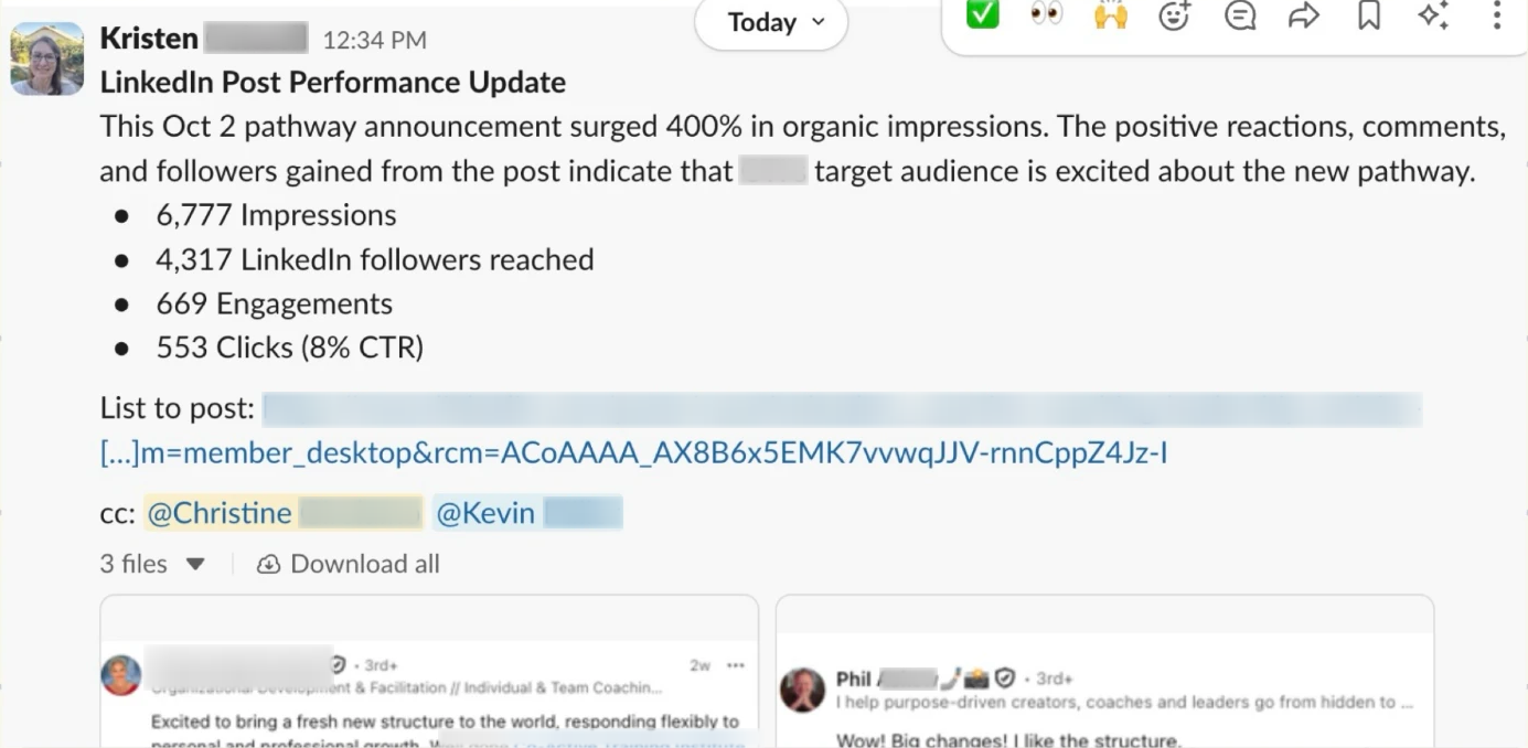 Screenshot: Performance update from the team