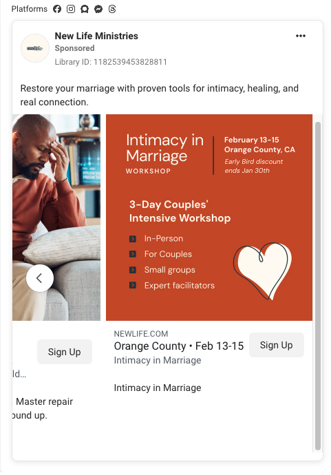 New Life Ministries original ad screenshot: Intimacy in Marriage workshop